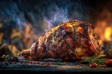 Juicy Roast Lamb Shank With Rich Herbs and Fire in Background
