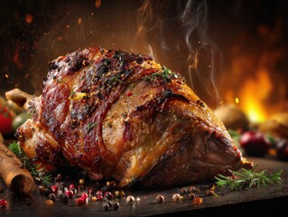 Juicy Roast Lamb Shank With Rich Herbs and Fire in Background