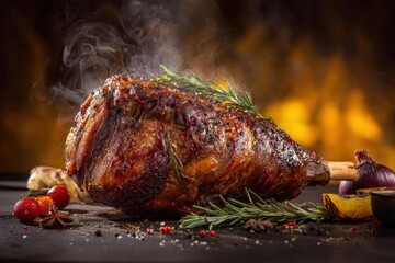 Juicy Roast Lamb Shank With Rich Herbs and Fire in Background