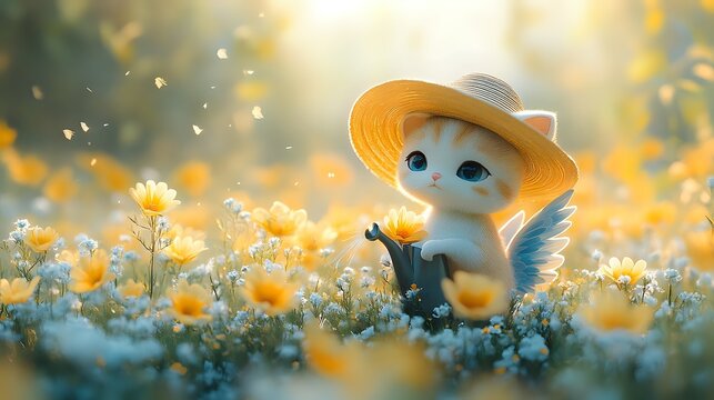 Angel Cat Watering Flowers in a Meadow