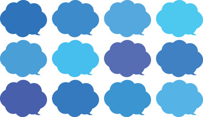 青い雲の形をしたモコモコの吹き出しセット。田１２色の青色のふきだし。使いやすいセット。