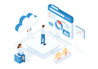 Isometric illustration of people analyzing cloud-connected data on digital dashboards, representing cloud computing, data visualization, and network management.