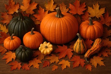 Festive Thanksgiving harvest celebration with pumpkins and colorful autumn foliage decoration arrangement