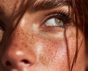 Close-Up Portrait of a Woman's Eye with Freckles and Glowing Skin