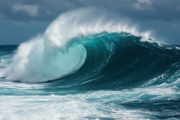 Powerful ocean wave surge creating dramatic seascape with massive blue water formation in open sea