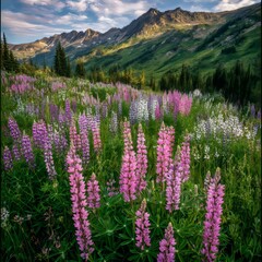a patch of blooming lupines in pink and purple their green stems rising from a mountain meadow