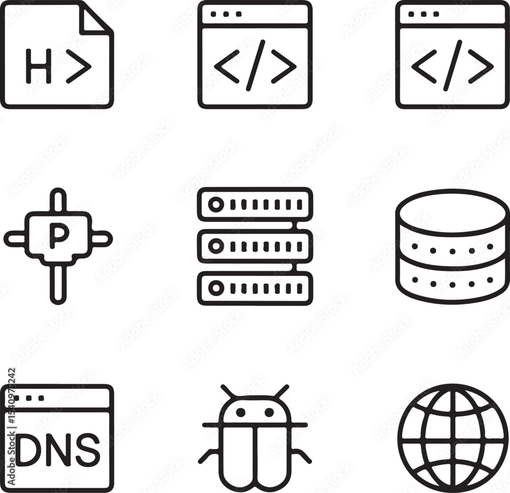 Poster web development icons html, css, javascript, server, database, dns, bug, and more