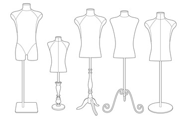Vector illustration of five different dressmaker mannequins on various stands. Line art style. Isolated on white background. Horizontal orientation. Ideal for fashion or tailoring design.