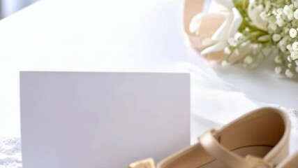 Beige baby girl shoes with ribbon bows, blank card, lace fabric and gift box on white surface for celebration announcement