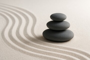 Zen meditation stones balanced on fine sand mindfulness tranquility spa wellness background