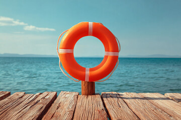 Bright orange lifebuoy on wooden dock overlooking tranquil sea on a sunny day