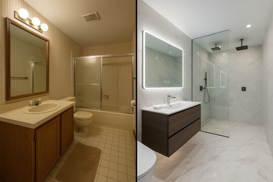Before and after luxury bathroom renovation showcasing transformation from outdated fixtures to modern spa-like sanctuary with heated floors and smart technology