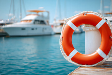 Life ring hangs on a post beside luxury yachts at a marina on a sunny day