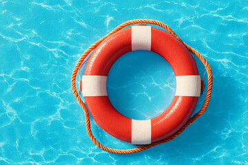 Brightly colored lifebuoy resting on turquoise water surface, symbolizing safety and rescue at a summer pool location