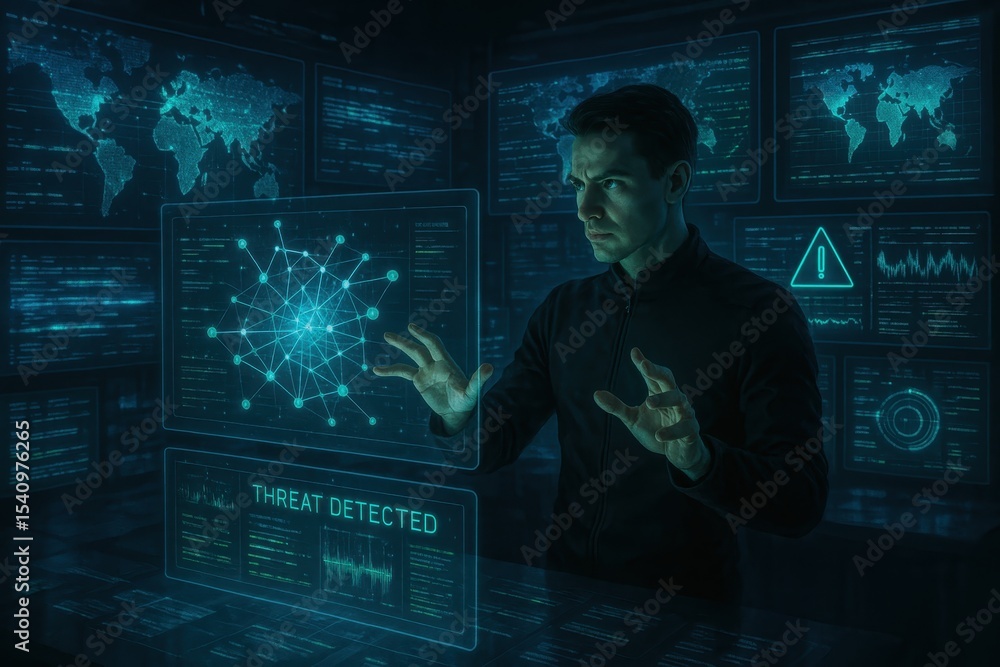 Aufkleber cybersecurity specialist analyzing network traffic patterns on holographic displays in futuristic co