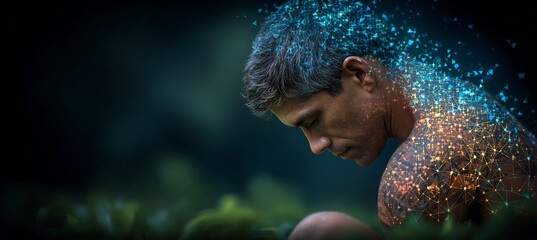 24 year old Maori tohunga performing mirimiri massage on a surfers lower back with a pointillism overlay illustrating glowing depiction of mana vital energy restoration