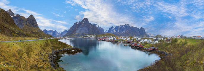Beautiful Reine fishing village, scenic dramatic views of Lofoten islands in Norway.