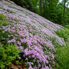 a patch of green creeping phlox with pastel pink flowers carpeting a hillside
