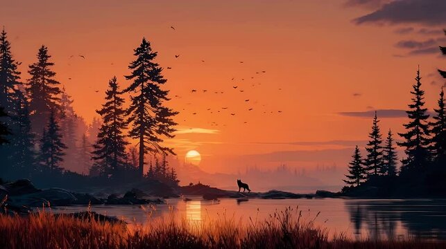 Sunset Over Lake with Silhouetted Trees, Birds, and a Lone Wolf