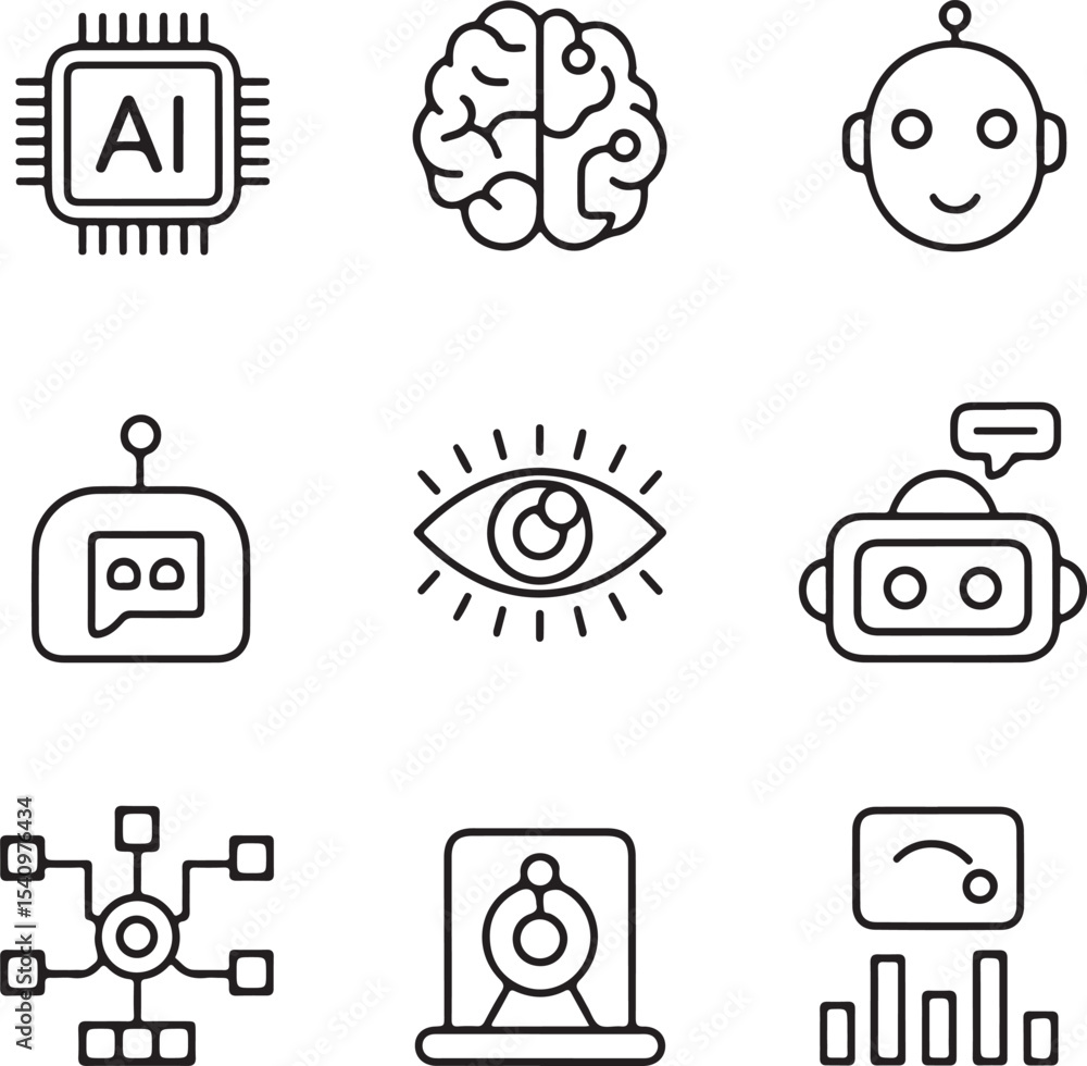 Poster artificial intelligence icons ai, machine learning, and robotics symbols
