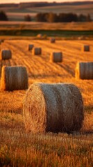 Golden Hay Bales in a Summer Field at Sunset