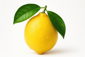 Fresh organic Meyer lemon with vibrant green leaves isolated on pure white background with natural water droplets