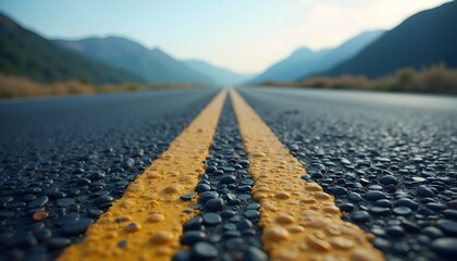 Fototapeta premium A close-up of a road with a yellow line and pebbles on it, set against a backdrop of mountains