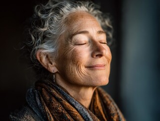 Obraz premium Serene Senior Woman Portrait: Warm Light, Gray Hair