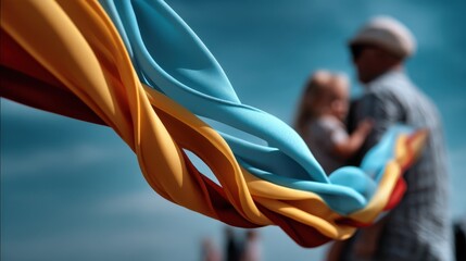 Close-up of kite tail fluttering, father and child in soft focus, motion in the wind everywhere, background sky vibrant and detailed