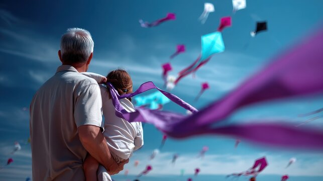 Close-up of child hand gripping kite spool, father in background, grass bending in wind, crisp sky with bold contrast