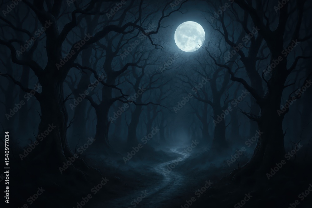 Poster mysterious moonlit forest path with ancient twisted trees and ethereal mist creating haunting supern