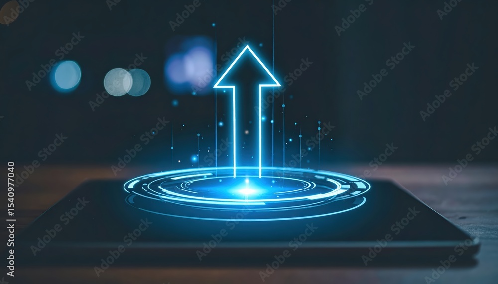 Poster glowing upward arrow icon emerging from digital futuristic hologram with light effects and data visu