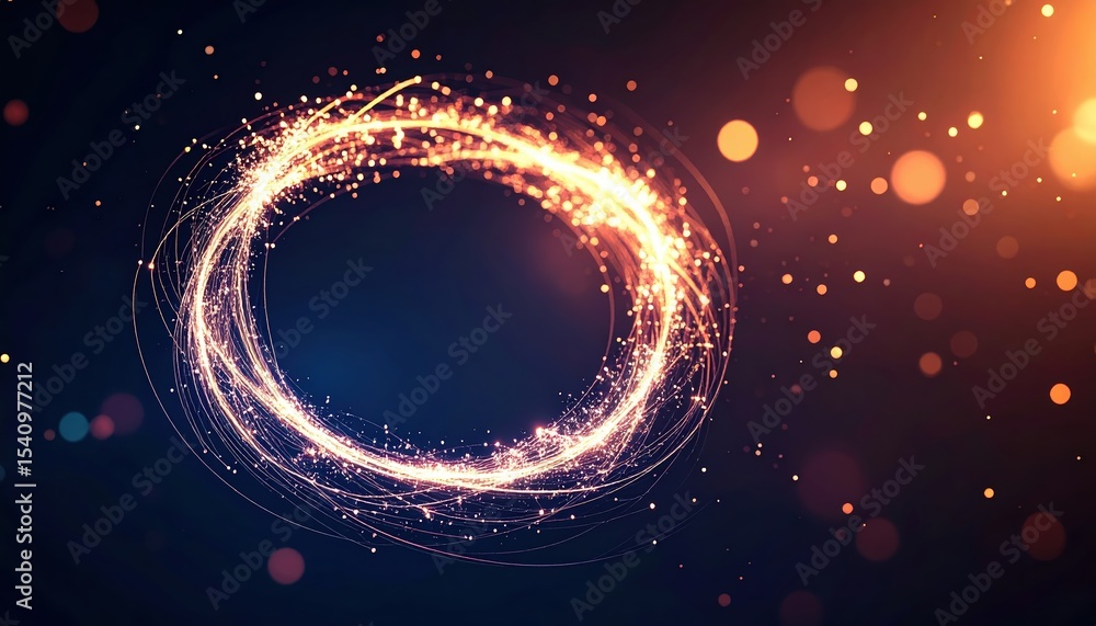Poster dynamic glowing circle composed of bright sparks and light trails with bokeh effects in a vibrant da