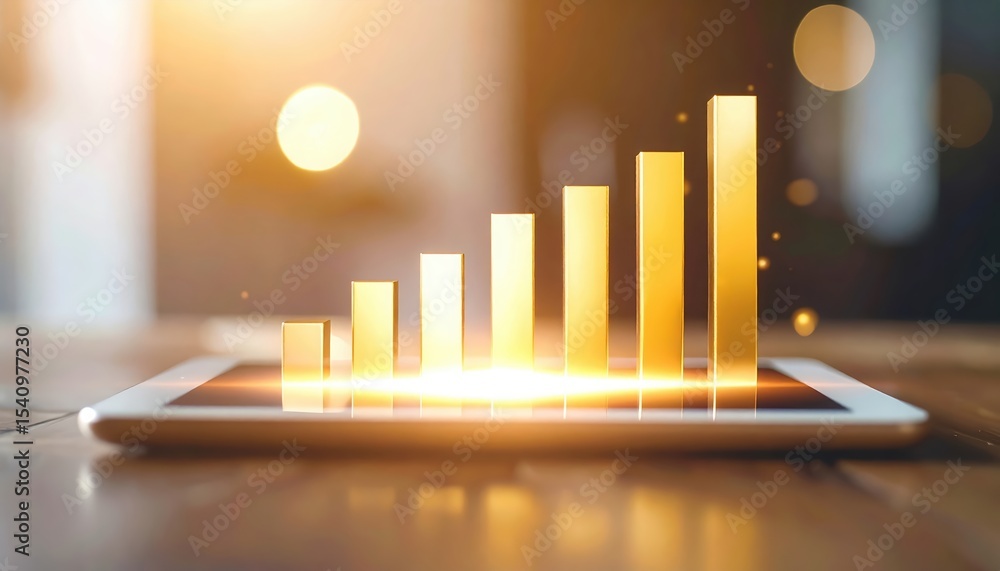 Poster modern digital tablet displaying glowing upward growth bar graph representing data analysis, financi