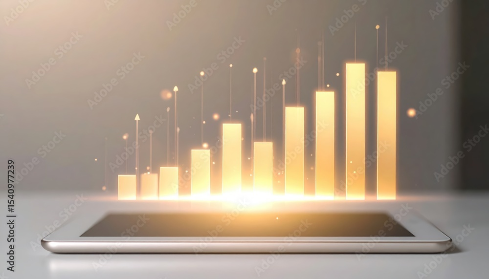 Poster digital tablet displaying a futuristic glowing bar graph with ascending data trends and bright light