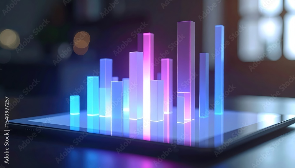 Poster modern digital tablet displaying colorful 3d bar chart with glowing vertical bars in shades of blue 