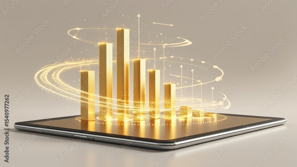 Poster futuristic gold bar chart with ascending data visualization on smartphone screen representing financ
