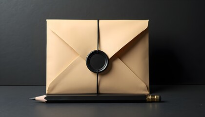 A brown envelope with a black wax seal and a pencil placed on a dark surface
