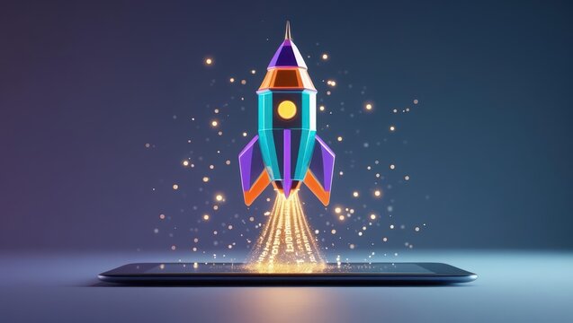 Vibrant colorful rocket launching from a tablet screen with sparks and light trails in a digital space theme representing technology and innovation