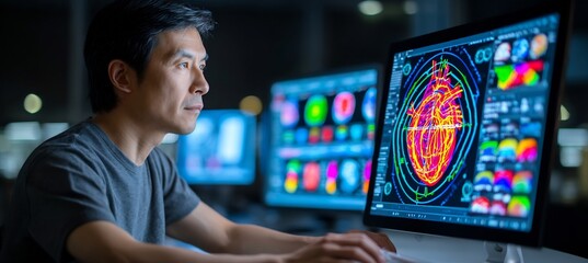 28 year old East Asian male sonographer acquiring echocardiogram images on an older Black man with a crosshatch overlay showing left ventricular ejection fraction zones