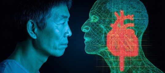 28 year old East Asian male sonographer acquiring echocardiogram images on an older Black man with a crosshatch overlay showing left ventricular ejection fraction zones