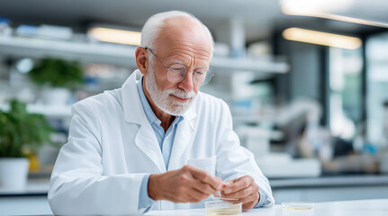 Senior scientist in laboratory is carefully examining petri dish samples, showcasing meticulous research and dedication to scientific discovery and innovation