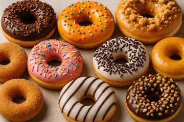 Assorted donuts with colorful glazing and toppings isolated on white background for bakery marketing