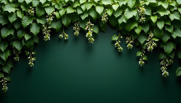 A border of green leaves and small white flowers on a dark green background - Powered by Adobe