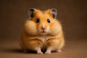 Adorable golden Syrian hamster with full cheek pouches sitting upright in curious pose against clean white studio background