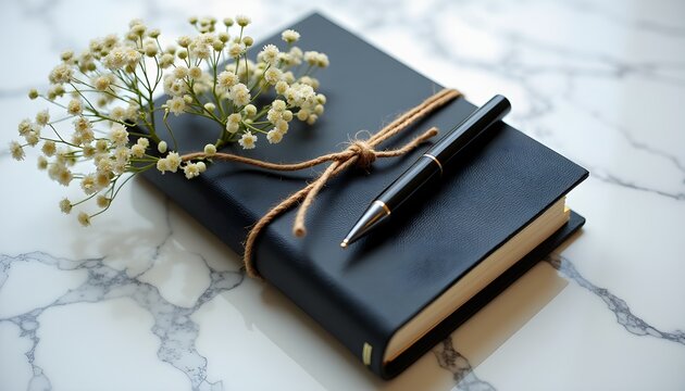 A black notebook with a pen and a bouquet of small white flowers on a marble surface
