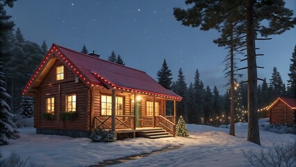 Cozy log cabin nestled in a snowy forest illuminated by warm christmas lights at night