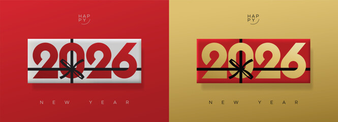 Gift Box Style 2026 Numbers for New Year Celebration in Red and Gold Design