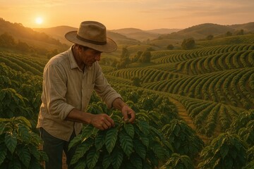 Dedicated coffee farmer working plantation fields during golden sunset with agricultural landscape