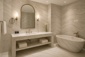 Luxurious white marble bathroom with subtle waves and glossy surface texture for spa environments